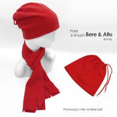 Füme Rengi İp Büzgülü Polar Bere ve Atkı