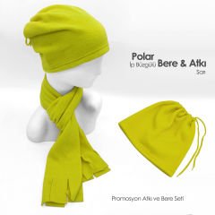 Füme Rengi İp Büzgülü Polar Bere ve Atkı