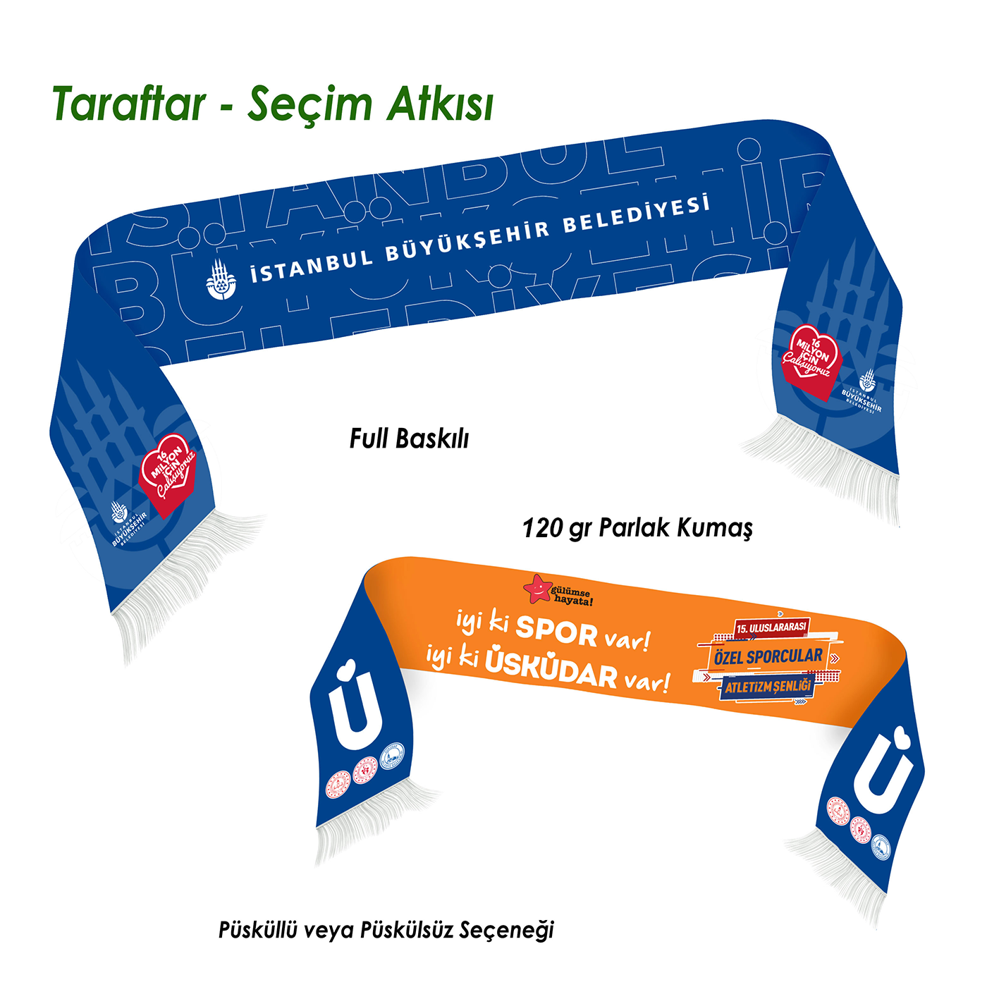 Parlak Saten Kumaş Resim Baskılı Taraftar Atkısı